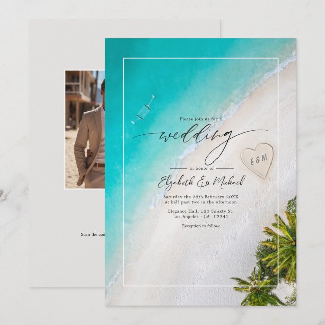 Convite de Casamento com Monograma na Praia Tropic (Frente/Verso)