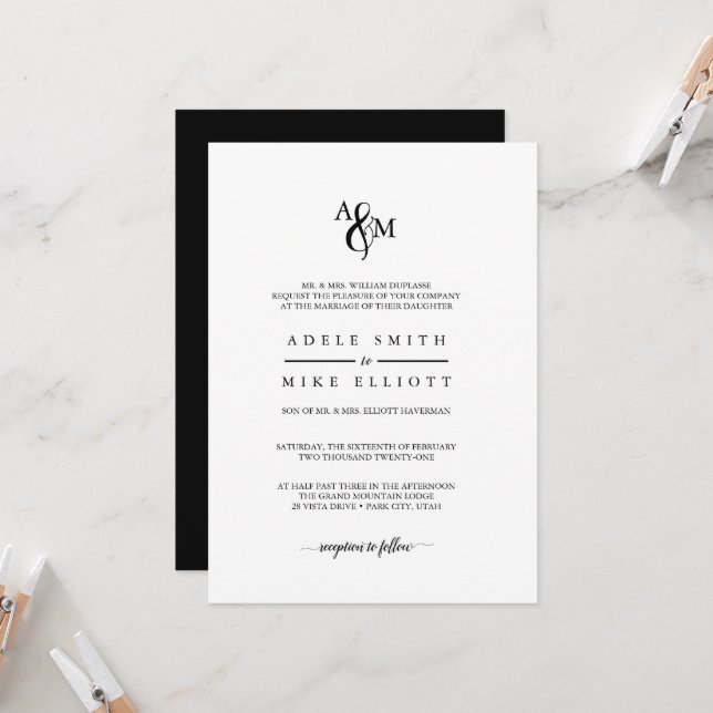 Convite de Casamento com Monograma Preto e Branco  (Frente/Verso In Situ)