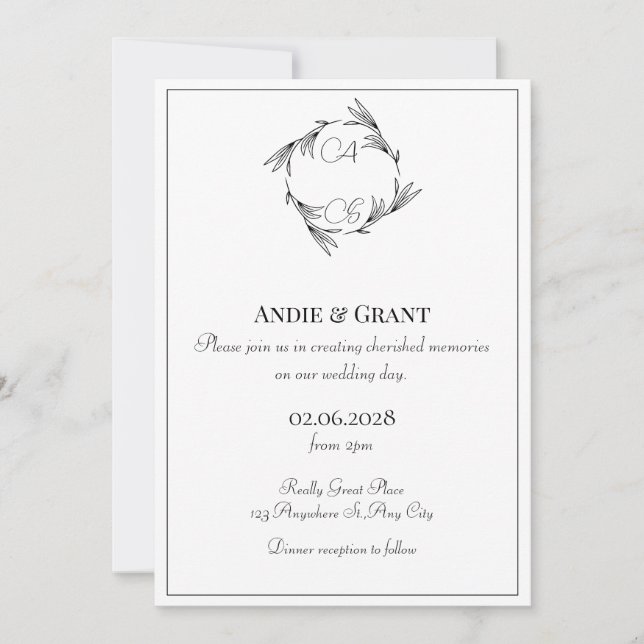 Convite de Casamento com Monograma Preto Elegante (Frente)
