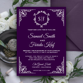 Convite de Casamento com Monograma Rebuscado Roxo 