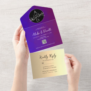 Convite de Casamento com Monograma Roxo Tudo em Um