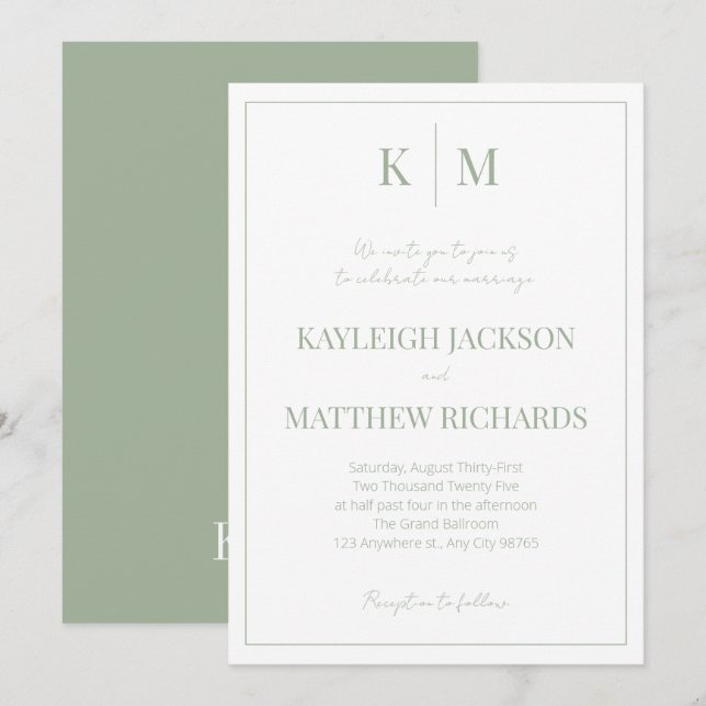 Convite de Casamento com Monograma Verde Sage Eleg (Frente/Verso)