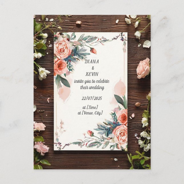Convite de Casamento com Motivo de Rosa em Fundo d (Frente)