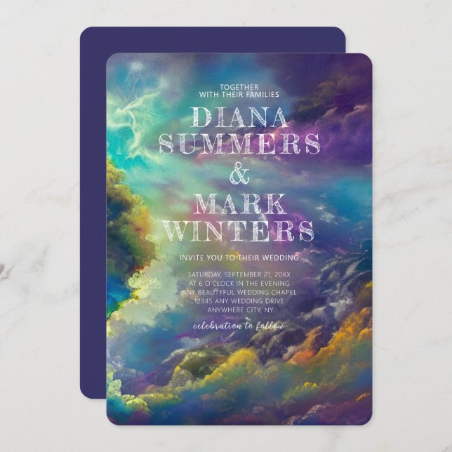 Convite de casamento com nuvens roxas fabulosas (Frente/Verso)