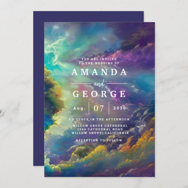 Convite de casamento com nuvens roxas fabulosas (Frente/Verso)