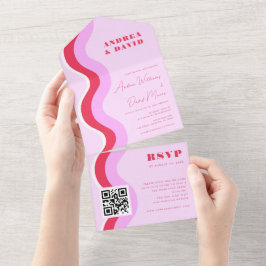 Convite de Casamento com Ondas Retro em Rosa e Ver