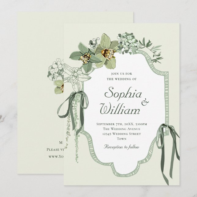 Convite de Casamento com Orquídeas Verde Sálvia Pi (Frente/Verso)