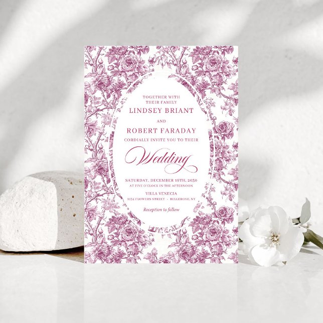 Convite de Casamento com Padrão de Toile de Jouy R (Elegant French Toile Rose Pattern Wedding Invitation)