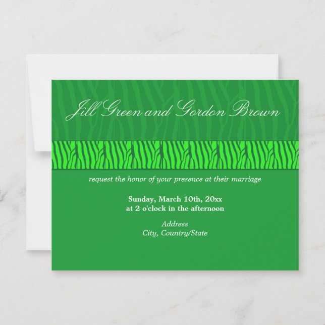 Convite de Casamento com Padrão de Zebra Verde Ele (Frente)