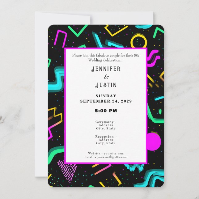 Convite de Casamento com Padrão Neon Retro dos Ano (Frente)