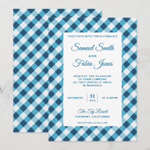 Convite de Casamento com Padrão Xadrez Azul Elegan