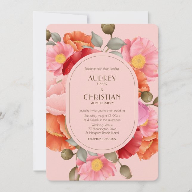 Convite de Casamento com Papoula em Aquarela Rosa (Frente)