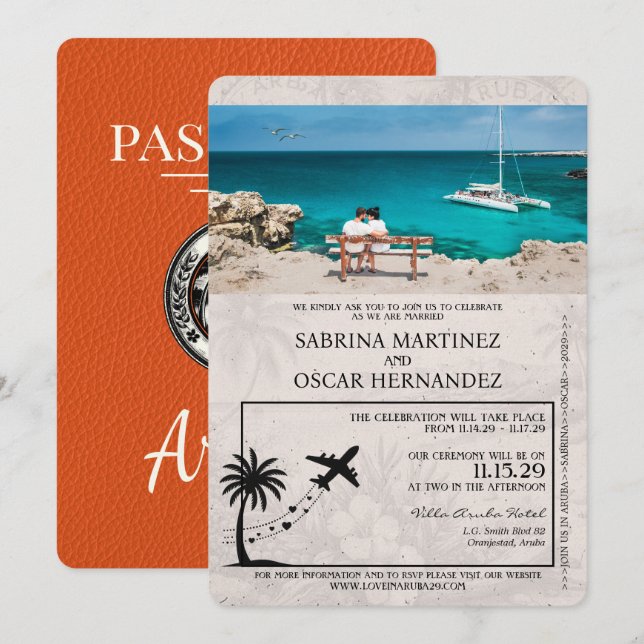Convite de Casamento com Passaporte da Aruba Laran (Frente/Verso)