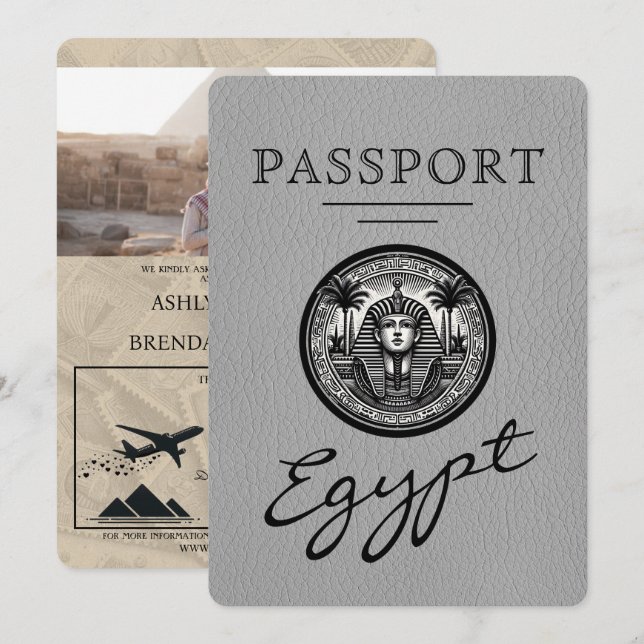 Convite de casamento com passaporte egípcio cinza (Frente/Verso)