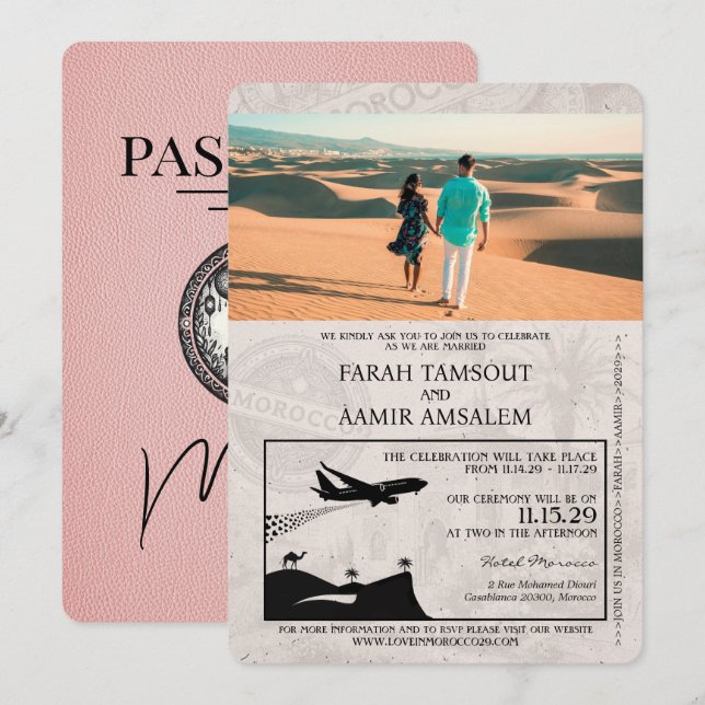 Convite de casamento com passaporte marroquino ros (Frente/Verso)