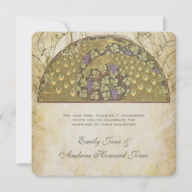 Convite de Casamento com Pavão em Arte Nova (Frente)