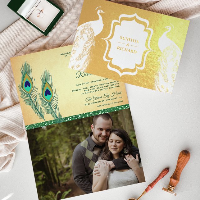 Convite de Casamento com Pena de Pavão Verde e Fol (Criador carregado)