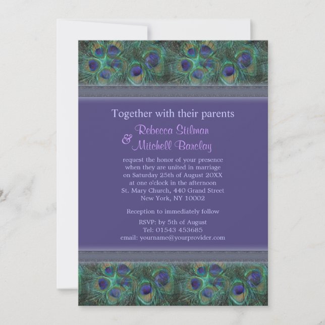 Convite de Casamento com Penas de Pavão Verde Roxo (Frente)