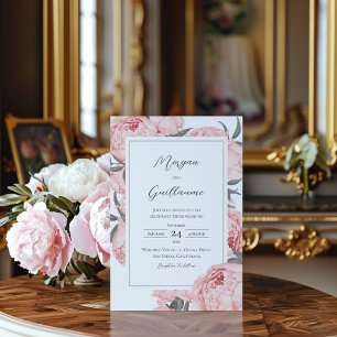 Convite de Casamento com Peônia em Aquarela Rosa C