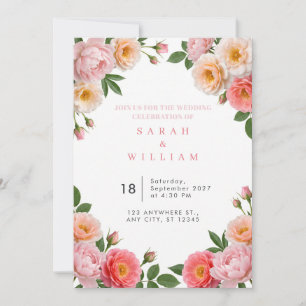 Convite de Casamento com Peônia Rosa Corada e Flor
