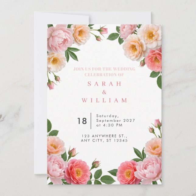 Convite de Casamento com Peônia Rosa Corada e Flor (Frente)