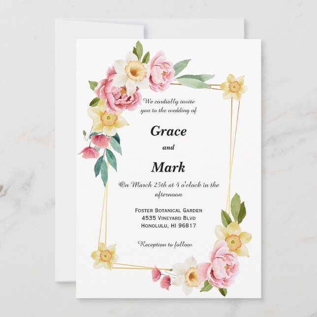 Convite de casamento com peônia rosa e narciso ama (Frente)