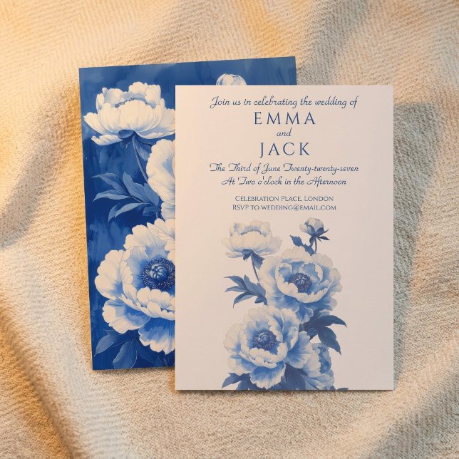 Convite de casamento com peônias azuis e brancas (Blue and white peonies wedding invitation)