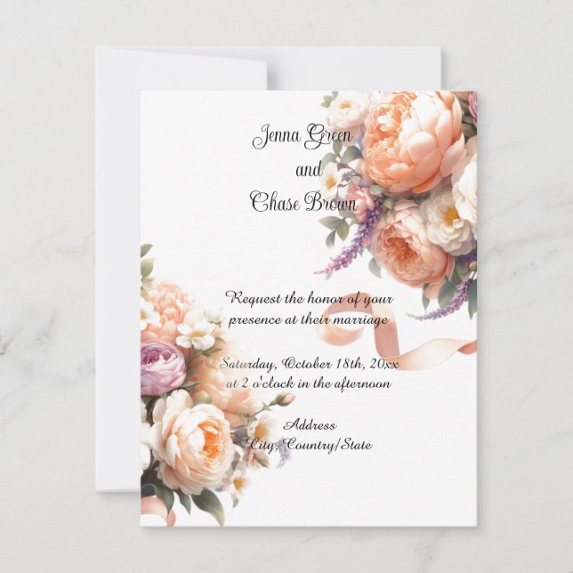 Convite de Casamento com Peônias e Rosas Peachy (Frente)