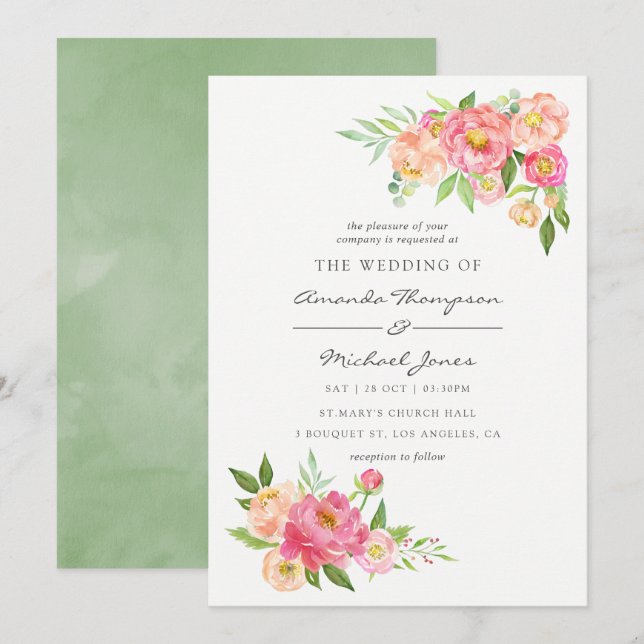 Convite de Casamento com Peônias em Aquarela de Pr (Frente/Verso)