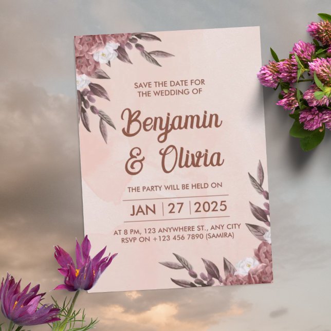 Convite de Casamento com Peônias em Aquarela Elega (Criador carregado)