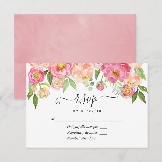 Convite de Casamento com Peônias em Aquarela Rosa  (Frente/Verso)