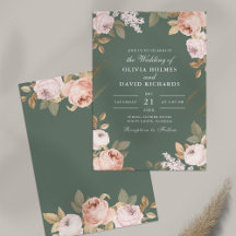Convite de Casamento com Peônias em Verde Sage Boh