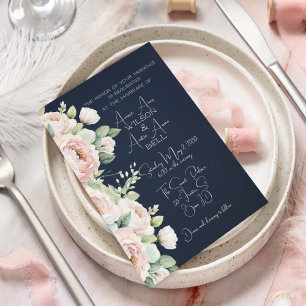 Convite de Casamento com Peônias Rosa e Fundo Azul