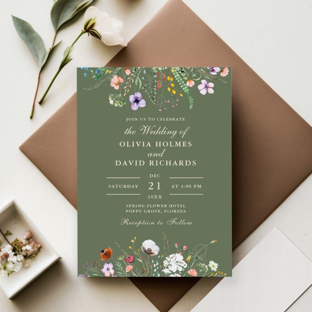 Convite de Casamento com Prado de Flores Silvestre (Sage Green Watercolor Wildflower Meadow Wedding Invitation on wedding table)