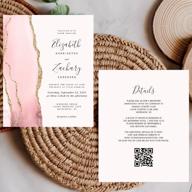 Convite de Casamento com QR Code Budget Blush Gold (Criador carregado)