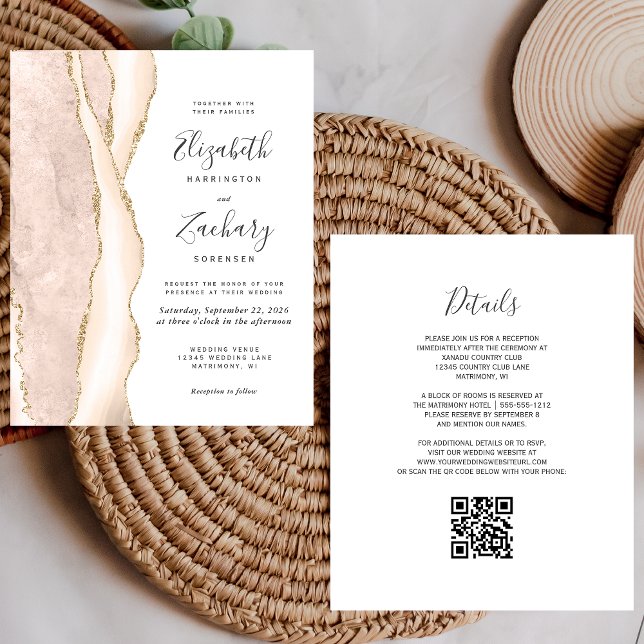 Convite de Casamento com QR Code Budget Ivory Gold (Criador carregado)