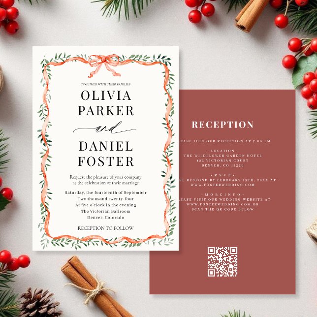 Convite de Casamento com QR Code de Verde e Laço V (Criador carregado)