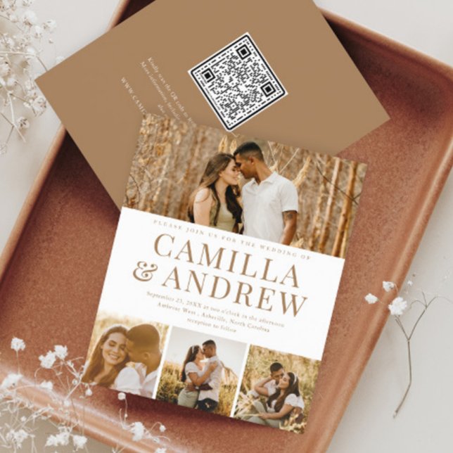 Convite de Casamento com QR Code e 4 Fotos Moderno (A modern typography 4 photo wedding invitation with QR Code RSVP on the back.)