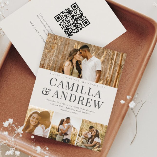 Convite de Casamento com QR Code e 4 Fotos Moderno (Budget 4 Photo Collage Ivory Wedding Invitation with QR code RSVP on the back.)