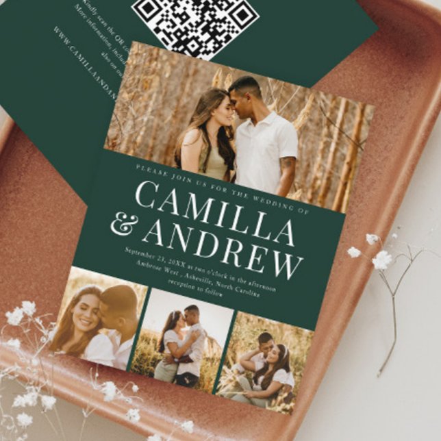 Convite de Casamento com QR Code e 4 Fotos Moderno (A modern typography 4 photo green wedding invitation with QR Code RSVP on the back.)