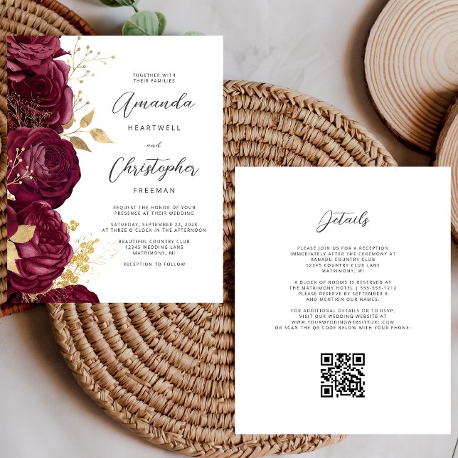 Convite de Casamento com QR Code Floral Dourado Or (Criador carregado)