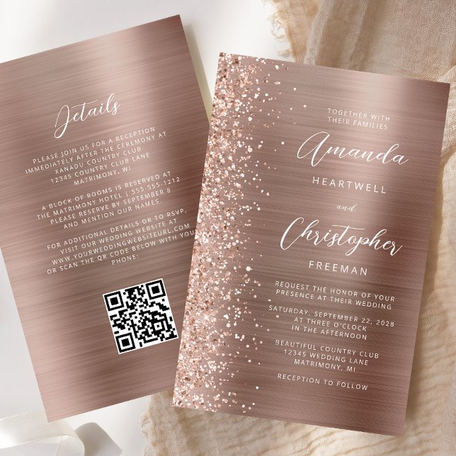 Convite de Casamento com QR Code Glam Rosa Dourado (Criador carregado)
