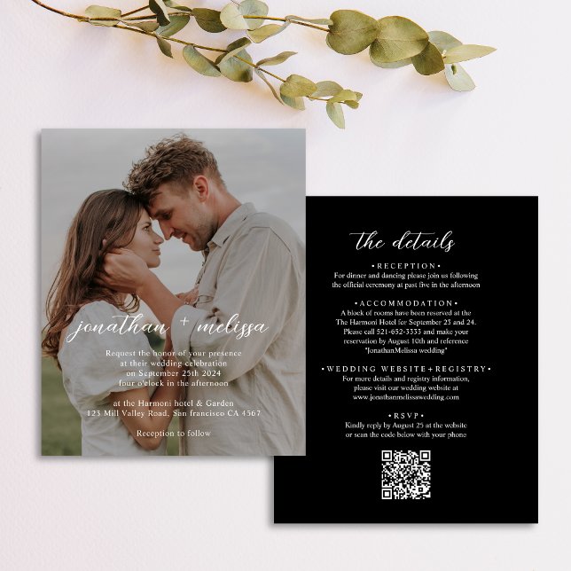 Convite de Casamento com QR Code Preto Elegante e  (Criador carregado)