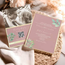 Convite de Casamento com QR Greenery Rosa Empoeira