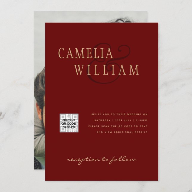 Convite de Casamento com QRCode para RSVP Vermelho (Frente/Verso)