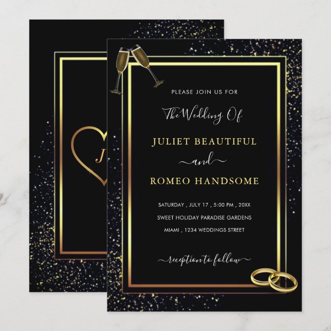 Convite de Casamento com Quadro Elegante Dourado P (Frente/Verso)