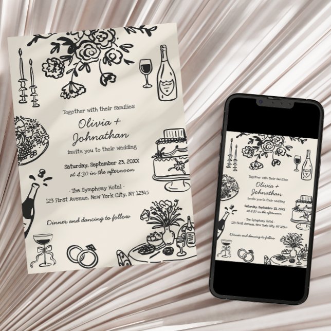 Convite de Casamento com Rabiscos/Desenhos à Mão (Criador carregado)