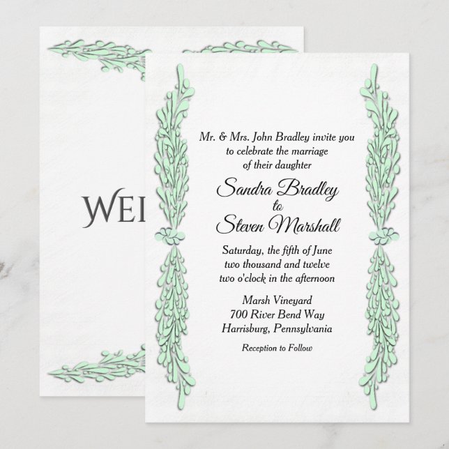 Convite de Casamento com Ramalhetes Verde Menta (Frente/Verso)