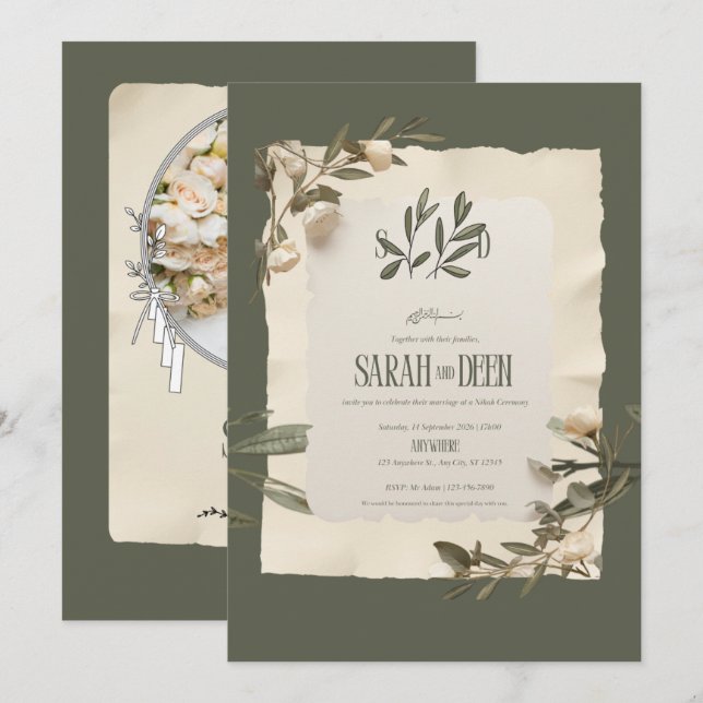 Convite de Casamento com Ramo de Oliveira Mediterr (Frente/Verso)