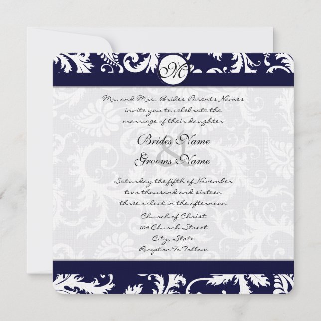 Convite de Casamento com Redemoinhos de Damasco Az (Frente)